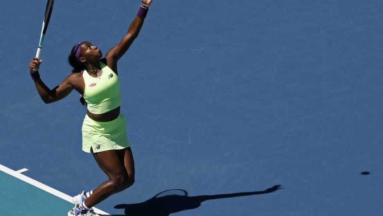 Mar 24, 2024; Miami Gardens, FL, USA; Coco Gauff (USA) serves against Ocean Dodin (FRA) (not pictured) on day seven of the Miami Open at Hard Rock Stadium. Mandatory Credit: Geoff Burke-USA TODAY Sports