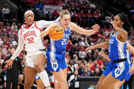 Mar 24, 2024; Columbus, OH, USA; Ohio State Buckeyes forward Cotie McMahon (32) fights for a rebound with Duke Blue Devils forward Camilla Emsbo (21) during the second half of the women’s NCAA Tournament second round at Value City Arena. Ohio State lost 75-63.