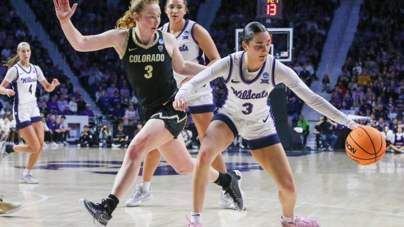 Mar 24, 2024; Manhattan, Kansas, USA; Kansas State Wildcats guard Jaelyn Glenn (3) dribbles against Colorado Buffaloes guard Frida Formann (3) during the first quarter at Bramlage Coliseum. Mandatory Credit: Scott Sewell-USA TODAY Sports