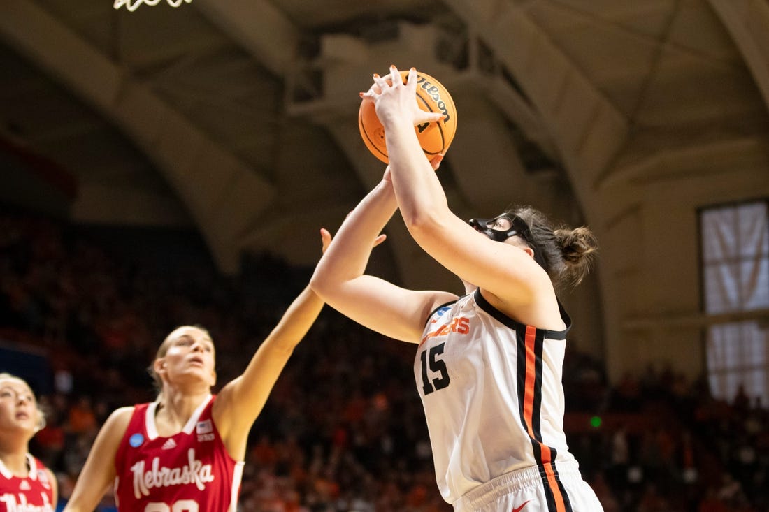 Oregon State forward Raegan Beers goes up for a shot as the Oregon State Beavers take on the Nebraska Huskers in the second round of the NCAA Tournament Sunday, March 24, 2024, at Gill Coliseum in Corvallis, Ore.