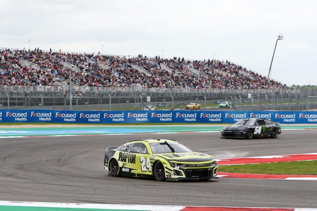 Mar 24, 2024; Austin, Texas, USA;  NASCAR Cup Series driver William Byron (24) leads the EchoPark Automotive Grand Prix at Circuit of the Americas. Mandatory Credit: Michael C. Johnson-USA TODAY Sports