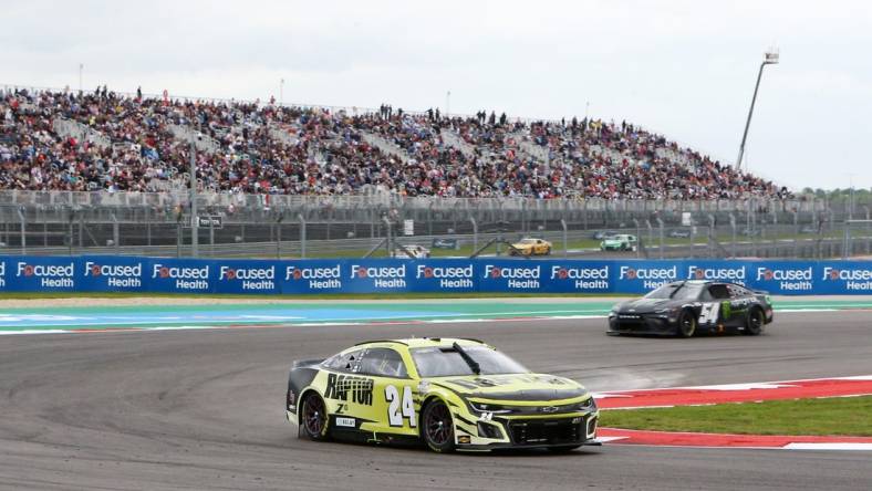 Mar 24, 2024; Austin, Texas, USA;  NASCAR Cup Series driver William Byron (24) leads the EchoPark Automotive Grand Prix at Circuit of the Americas. Mandatory Credit: Michael C. Johnson-USA TODAY Sports