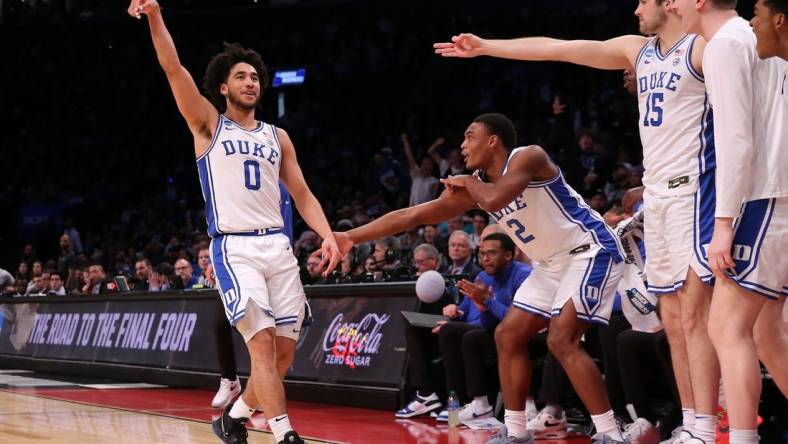 Mar 24, 2024; Brooklyn, NY, USA; Duke Blue Devils guard Jared McCain (0) reacts against the James Madison Dukes in the second round of the 2024 NCAA Tournament  at Barclays Center. Mandatory Credit: Brad Penner-USA TODAY Sports