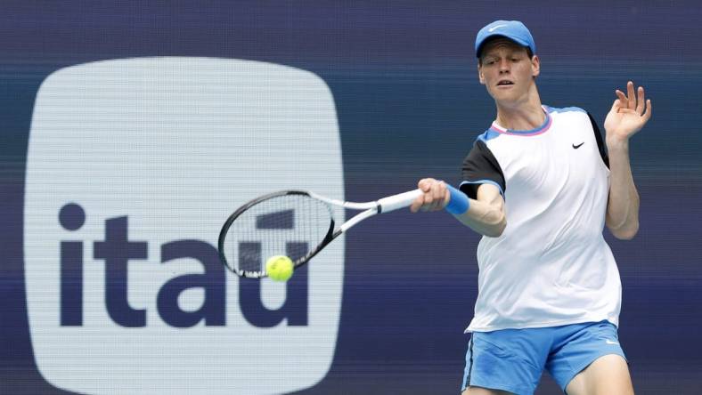 Mar 24, 2024; Miami Gardens, FL, USA; Jannik Sinner (ITA) hits a forehand against Tallon Griekspoor (NED)(not pictured) on day seven of the Miami Open at Hard Rock Stadium. Mandatory Credit: Geoff Burke-USA TODAY Sports