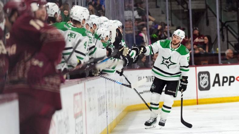 Mar 24, 2024; Tempe, Arizona, USA; Dallas Stars center Tyler Seguin (91) celebrates his goal against the Arizona Coyotes during the second period at Mullett Arena. Mandatory Credit: Joe Camporeale-USA TODAY Sports