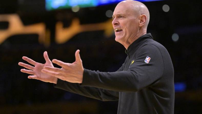 Mar 24, 2024; Los Angeles, California, USA;   Indiana Pacers coach Rick Carlisle argues a foul call in the game against the Los Angeles Lakers at Crypto.com Arena. Mandatory Credit: Jayne Kamin-Oncea-USA TODAY Sports
