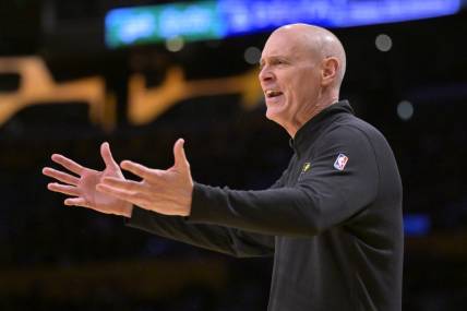 Mar 24, 2024; Los Angeles, California, USA;   Indiana Pacers coach Rick Carlisle argues a foul call in the game against the Los Angeles Lakers at Crypto.com Arena. Mandatory Credit: Jayne Kamin-Oncea-USA TODAY Sports
