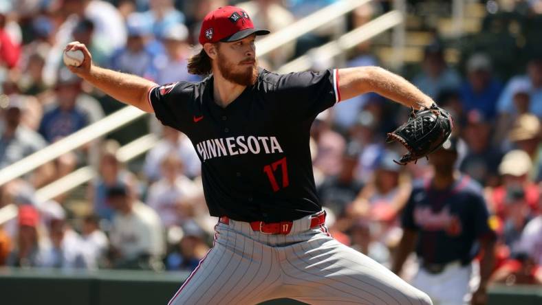 Mar 25, 2024; North Port, Florida, USA; Minnesota Twins starting pitcher Bailey Ober (17) throws a pitch during the first inning against the Atlanta Braves at CoolToday Park. Mandatory Credit: Kim Klement Neitzel-USA TODAY Sports