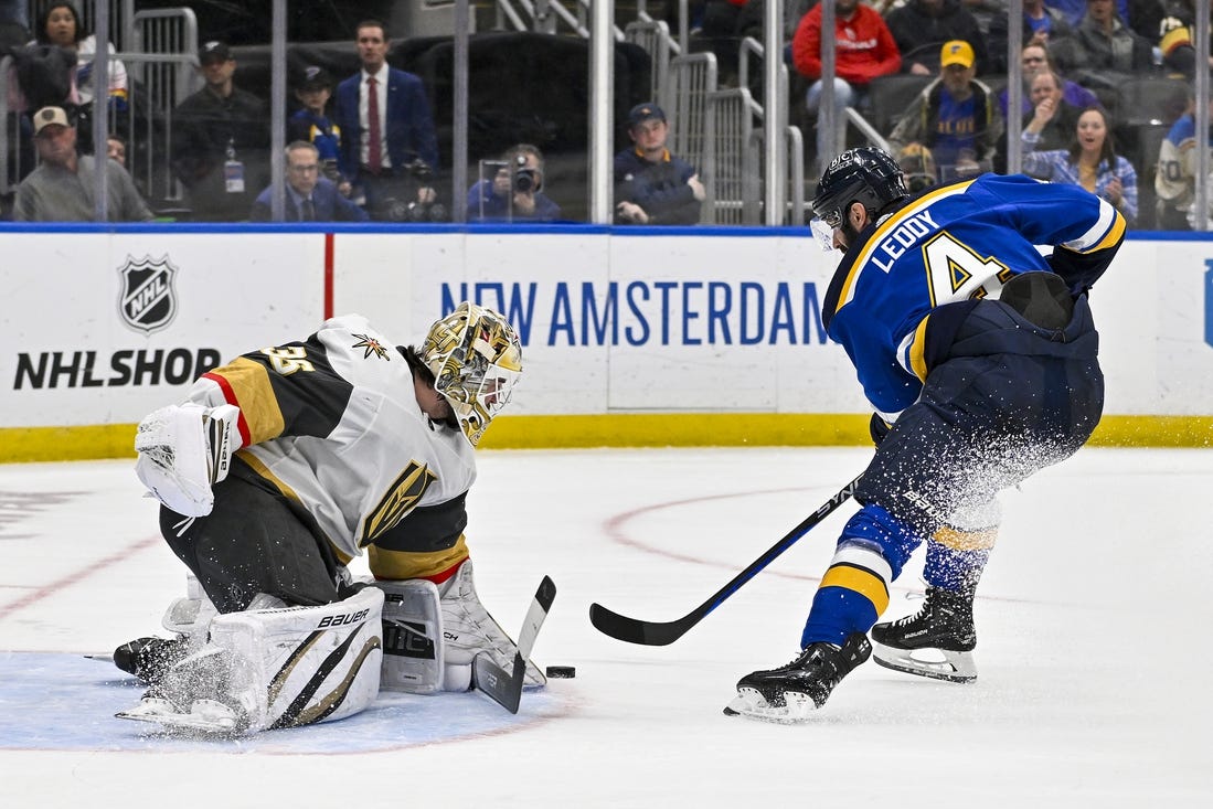 Mar 25, 2024; St. Louis, Missouri, USA;  Vegas Golden Knights goaltender Logan Thompson (36) defends the net against St. Louis Blues defenseman Nick Leddy (4) during the second period at Enterprise Center. Mandatory Credit: Jeff Curry-USA TODAY Sports