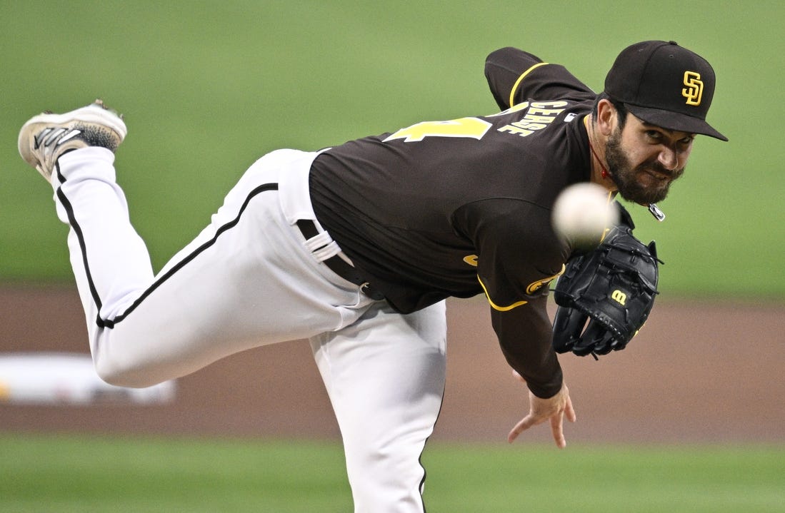 Mar 25, 2024; San Diego, California, USA; San Diego Padres starting pitcher Dylan Cease (84) throws a pitch against the Seattle Mariners during the first inning at Petco Park. Mandatory Credit: Orlando Ramirez-USA TODAY Sports