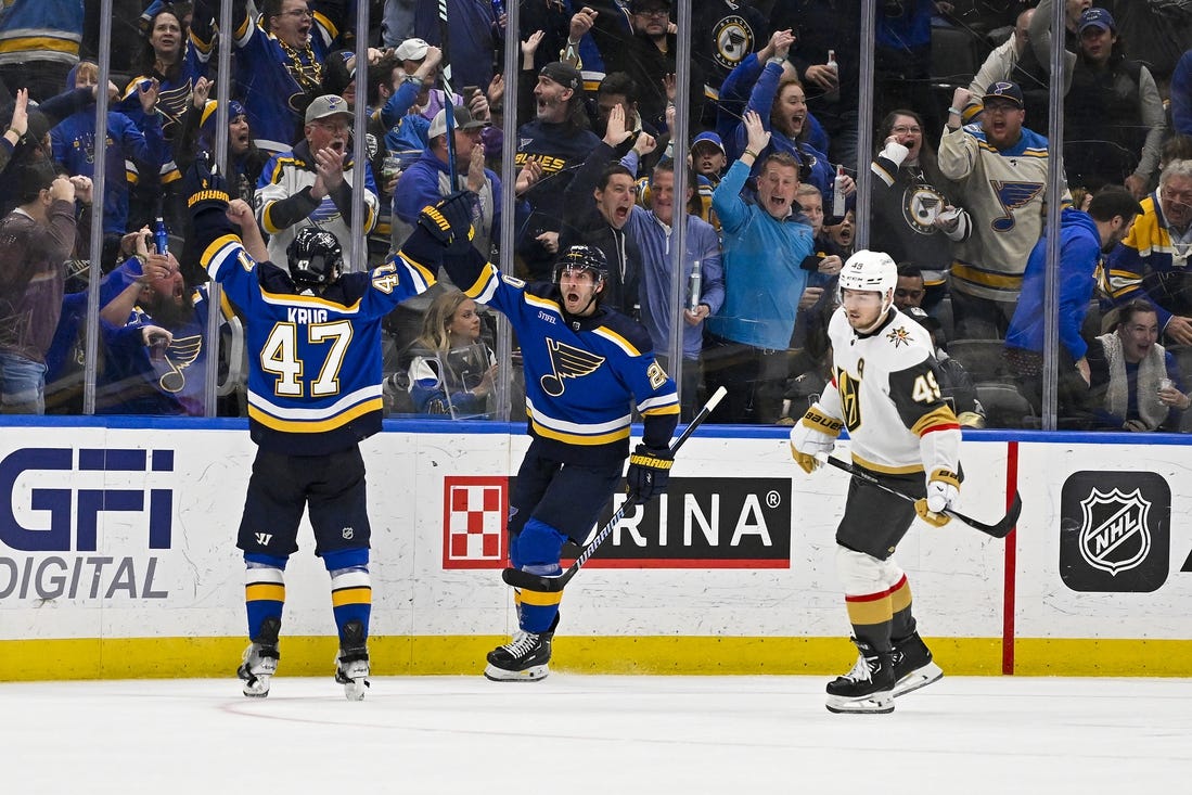 Mar 25, 2024; St. Louis, Missouri, USA;  St. Louis Blues left wing Brandon Saad (20) reacts after scoring the game tying goal against the Vegas Golden Knights during the third period at Enterprise Center. Mandatory Credit: Jeff Curry-USA TODAY Sports