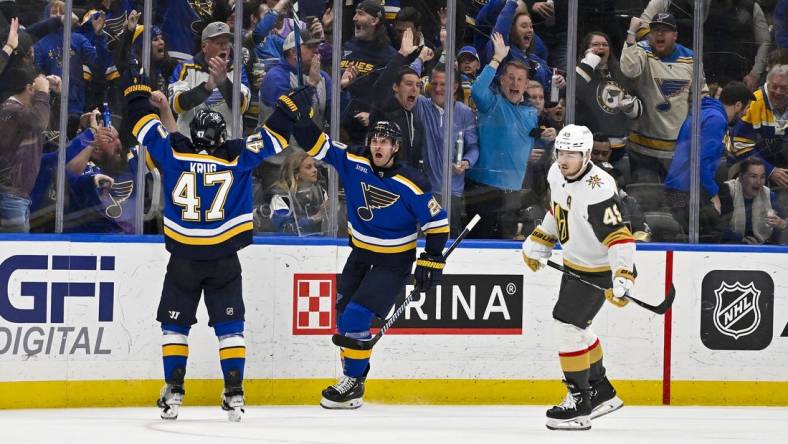 Mar 25, 2024; St. Louis, Missouri, USA;  St. Louis Blues left wing Brandon Saad (20) reacts after scoring the game tying goal against the Vegas Golden Knights during the third period at Enterprise Center. Mandatory Credit: Jeff Curry-USA TODAY Sports