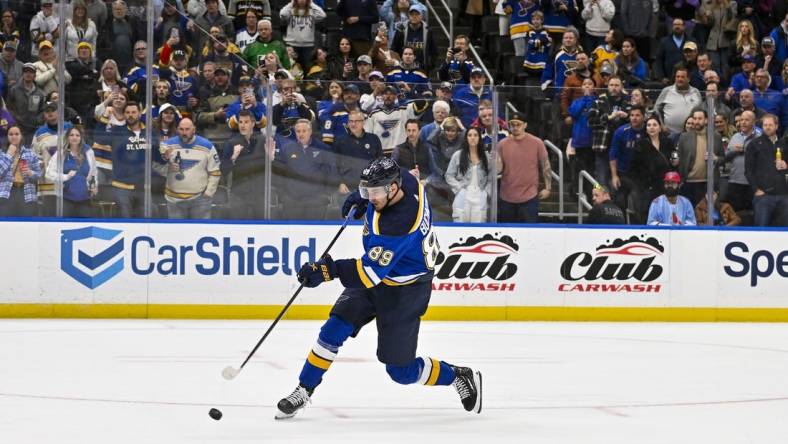 Mar 25, 2024; St. Louis, Missouri, USA;  St. Louis Blues left wing Pavel Buchnevich (89) shoots a penalty shot against Vegas Golden Knights goaltender Logan Thompson (not pictured) in overtime at Enterprise Center. Mandatory Credit: Jeff Curry-USA TODAY Sports