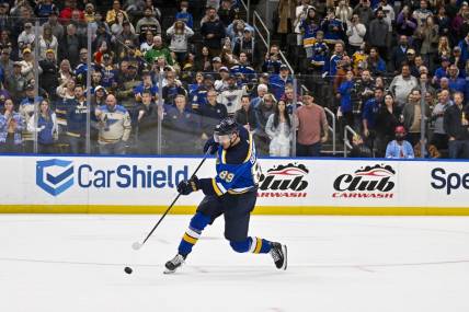 Mar 25, 2024; St. Louis, Missouri, USA;  St. Louis Blues left wing Pavel Buchnevich (89) shoots a penalty shot against Vegas Golden Knights goaltender Logan Thompson (not pictured) in overtime at Enterprise Center. Mandatory Credit: Jeff Curry-USA TODAY Sports