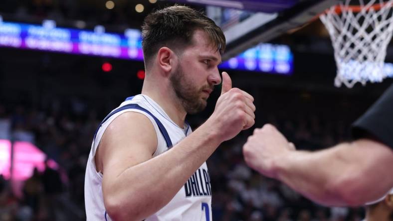 Mar 25, 2024; Salt Lake City, Utah, USA; Dallas Mavericks guard Luka Doncic (77) reacts to a call for the Utah Jazz during the third quarter at Delta Center. Mandatory Credit: Rob Gray-USA TODAY Sports