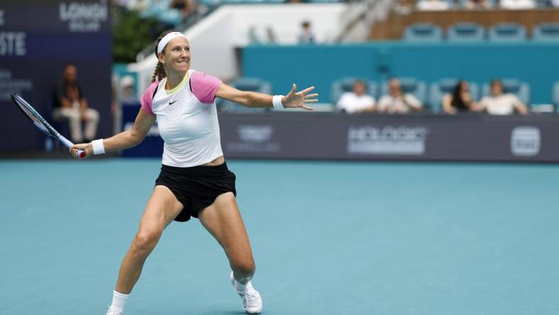 Mar 26, 2024; Miami Gardens, FL, USA; Victoria Azarenka hits a forehand against Yulia Putintseva (KAZ) (not pictured) on day nine of the Miami Open at Hard Rock Stadium. Mandatory Credit: Geoff Burke-USA TODAY Sports