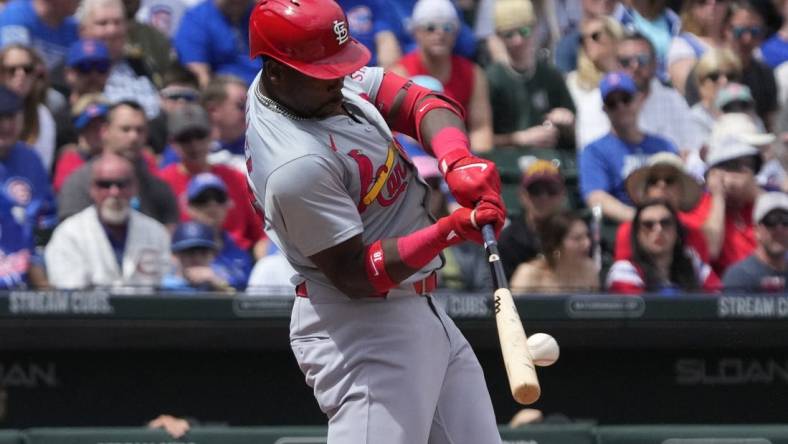 Mar 26, 2024; Mesa, Arizona, USA; St. Louis Cardinals right fielder Jordan Walker (18) hits against the Chicago Cubs in the first inning at Sloan Park. Mandatory Credit: Rick Scuteri-USA TODAY Sports