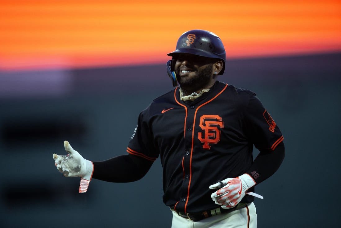 Mar 26, 2024; San Francisco, California, USA; San Francisco Giants third baseman Pablo Sandoval smiles as he is removed for a pinch runner after singling against the Oakland Athletics during the ninth inning at Oracle Park. Mandatory Credit: D. Ross Cameron-USA TODAY Sports