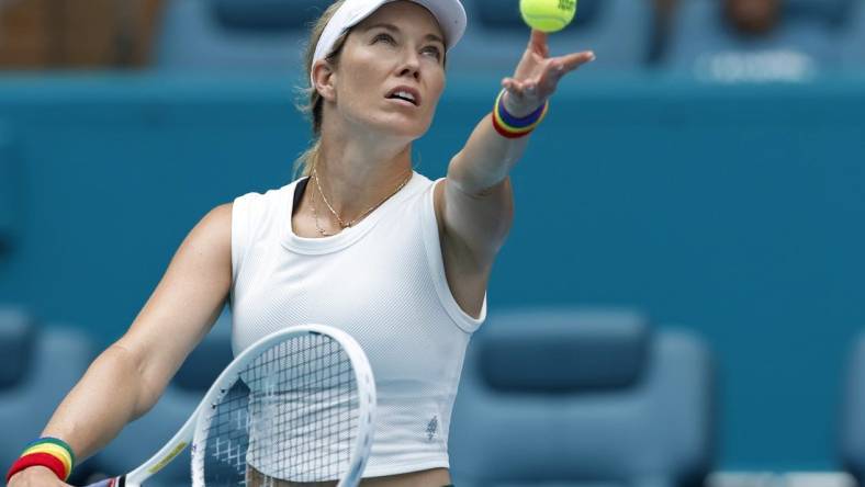 Mar 27, 2024; Miami Gardens, FL, USA; Danielle Collins (USA) serves against Caroline Garcia (FRA) (not pictured) on day ten of the Miami Open at Hard Rock Stadium. Mandatory Credit: Geoff Burke-USA TODAY Sports