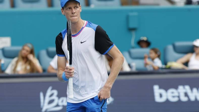 Mar 27, 2024; Miami Gardens, FL, USA; Jannik Sinner (ITA) celebrates after match point against Tomas Machac (CZE) (not pictured) on day ten of the Miami Open at Hard Rock Stadium. Mandatory Credit: Geoff Burke-USA TODAY Sports