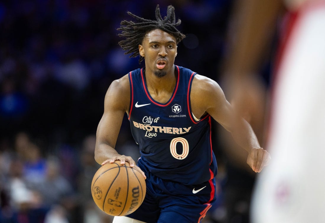 Mar 27, 2024; Philadelphia, Pennsylvania, USA; Philadelphia 76ers guard Tyrese Maxey (0) dribbles the ball against the LA Clippers during the second quarter at Wells Fargo Center. Mandatory Credit: Bill Streicher-USA TODAY Sports