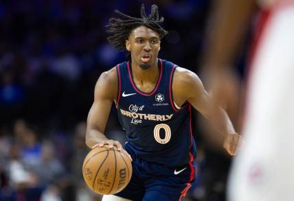 Mar 27, 2024; Philadelphia, Pennsylvania, USA; Philadelphia 76ers guard Tyrese Maxey (0) dribbles the ball against the LA Clippers during the second quarter at Wells Fargo Center. Mandatory Credit: Bill Streicher-USA TODAY Sports