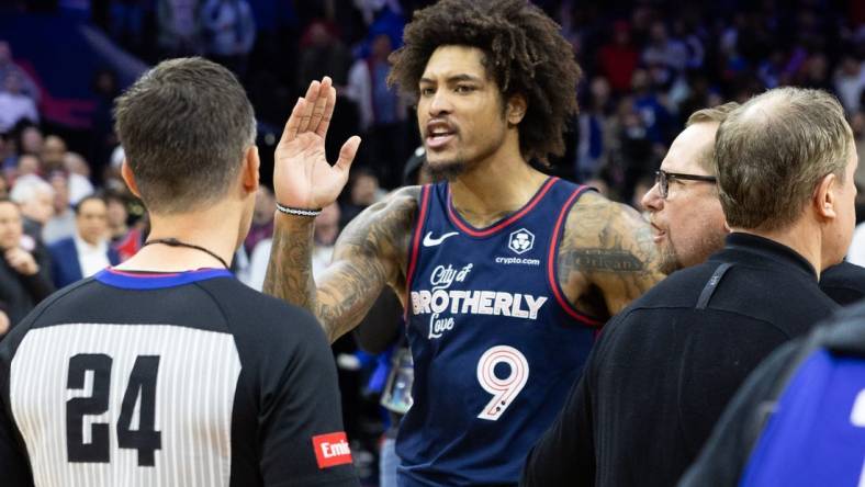 Mar 27, 2024; Philadelphia, Pennsylvania, USA; Philadelphia 76ers guard Kelly Oubre Jr. (9) and head coach Nick Nurse argue with referee Kevin Scott (24) after a loss to the LA Clippers at Wells Fargo Center. Mandatory Credit: Bill Streicher-USA TODAY Sports
