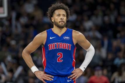 Mar 27, 2024; Minneapolis, Minnesota, USA; Detroit Pistons guard Cade Cunningham (2) look on against the Minnesota Timberwolves in the second half at Target Center. Mandatory Credit: Jesse Johnson-USA TODAY Sports