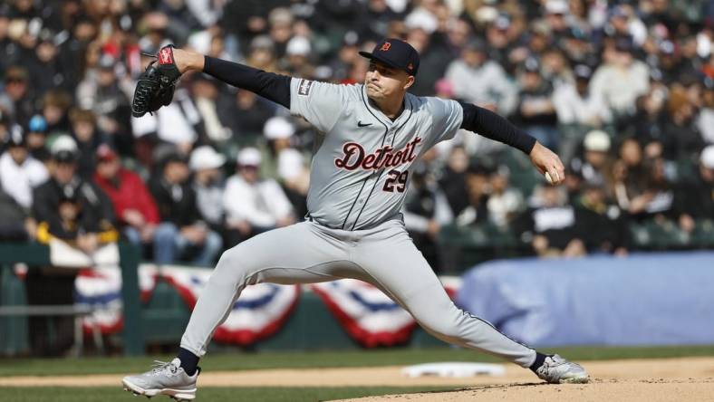 Mar 28, 2024; Chicago, Illinois, USA; Detroit Tigers starting pitcher Tarik Skubal (29) delivers a pitch during the first inning of the Opening Day game against the Chicago White Sox at Guaranteed Rate Field. Mandatory Credit: Kamil Krzaczynski-USA TODAY Sports