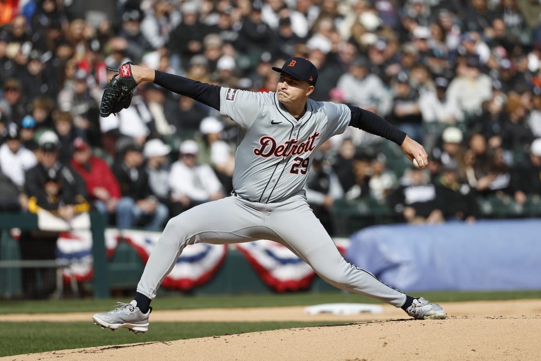 Mar 28, 2024; Chicago, Illinois, USA; Detroit Tigers starting pitcher Tarik Skubal (29) delivers a pitch during the first inning of the Opening Day game against the Chicago White Sox at Guaranteed Rate Field. Mandatory Credit: Kamil Krzaczynski-USA TODAY Sports