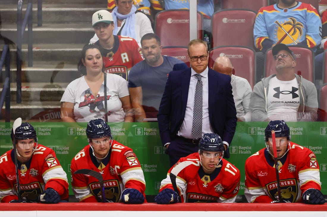 Mar 28, 2024; Sunrise, Florida, USA; Florida Panthers head coach Paul Maurice looks on from the bench against the New York Islanders during the third period at Amerant Bank Arena. Mandatory Credit: Sam Navarro-USA TODAY Sports