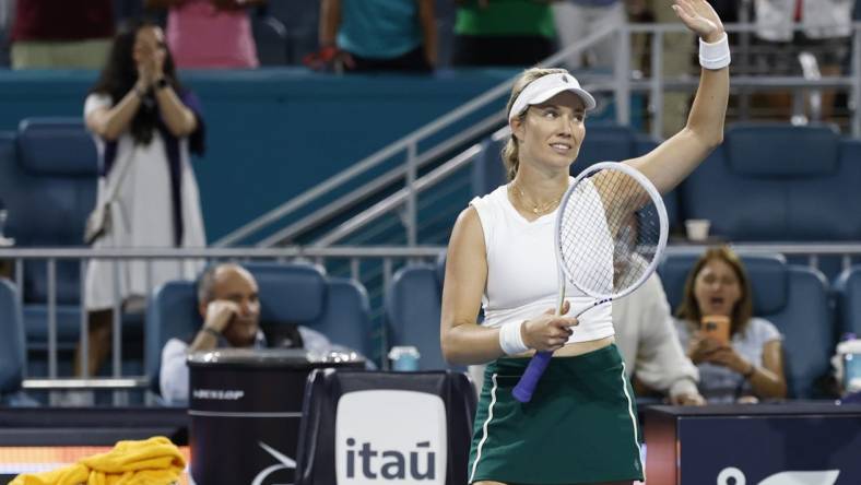 Mar 28, 2024; Miami Gardens, FL, USA; Danielle Collins (USA) waves to the crowd after her match against Ekaterina Alexandrova (not pictured) on day eleven of the Miami Open at Hard Rock Stadium. Mandatory Credit: Geoff Burke-USA TODAY Sports