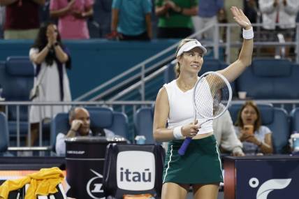 Mar 28, 2024; Miami Gardens, FL, USA; Danielle Collins (USA) waves to the crowd after her match against Ekaterina Alexandrova (not pictured) on day eleven of the Miami Open at Hard Rock Stadium. Mandatory Credit: Geoff Burke-USA TODAY Sports