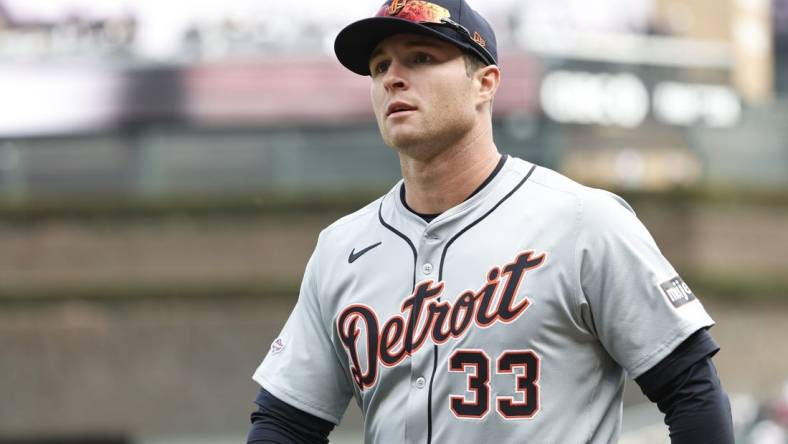 Mar 28, 2024; Chicago, Illinois, USA; Detroit Tigers second baseman Colt Keith (33) walks back to dugout before the Opening Day game against the Chicago White Sox at Guaranteed Rate Field. Mandatory Credit: Kamil Krzaczynski-USA TODAY Sports