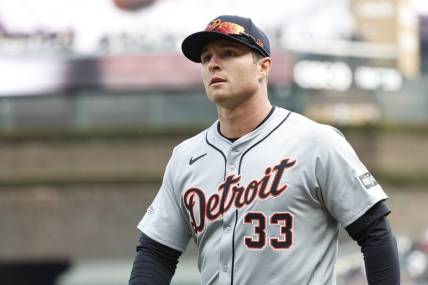 Mar 28, 2024; Chicago, Illinois, USA; Detroit Tigers second baseman Colt Keith (33) walks back to dugout before the Opening Day game against the Chicago White Sox at Guaranteed Rate Field. Mandatory Credit: Kamil Krzaczynski-USA TODAY Sports