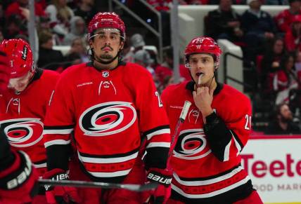 Mar 28, 2024; Raleigh, North Carolina, USA;  Carolina Hurricanes center Sebastian Aho (20) and center Seth Jarvis (24) look on against the Detroit Red Wings during the second period at PNC Arena. Mandatory Credit: James Guillory-USA TODAY Sports