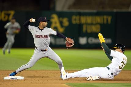 Mar 28, 2024; Oakland, California, USA; Cleveland Guardians shortstop Brayan Rocchio (4) throws over Oakland Athletics center fielder JJ Bleday (33) to complete a double play during the fourth inning at Oakland-Alameda County Coliseum. Seth Brown was out at first base. Mandatory Credit: D. Ross Cameron-USA TODAY Sports