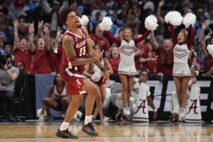 Mar 28, 2024; Los Angeles, CA, USA; Alabama Crimson Tide guard Aaron Estrada (55) reacts in the second half against the North Carolina Tar Heels in the semifinals of the West Regional of the 2024 NCAA Tournament at Crypto.com Arena. Mandatory Credit: Kirby Lee-USA TODAY Sports