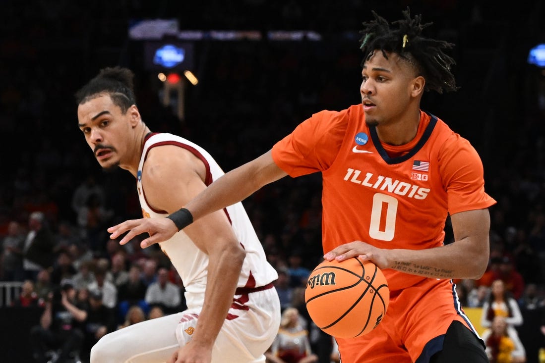 Mar 28, 2024; Boston, MA, USA; Illinois Fighting Illini guard Terrence Shannon Jr. (0) dribbles the ball against the Iowa State Cyclones in the semifinals of the East Regional of the 2024 NCAA Tournament at TD Garden. Mandatory Credit: Brian Fluharty-USA TODAY Sports