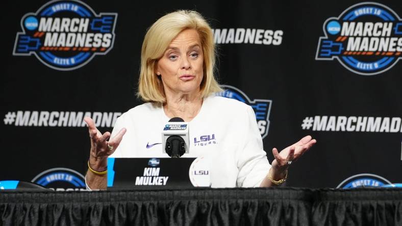 Mar 28, 2024; Albany, NY, USA; LSU Tigers head Ccoach Kim Mulkey answers questions during the press conference prior to their NCAA Tournament Sweet 16 game at MVP Arena. Mandatory Credit: Gregory Fisher-USA TODAY Sports