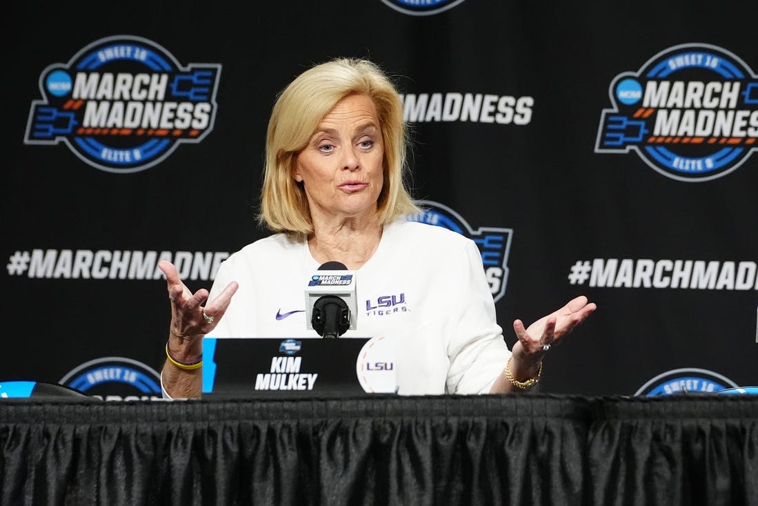Mar 28, 2024; Albany, NY, USA; LSU Tigers head Ccoach Kim Mulkey answers questions during the press conference prior to their NCAA Tournament Sweet 16 game at MVP Arena. Mandatory Credit: Gregory Fisher-USA TODAY Sports