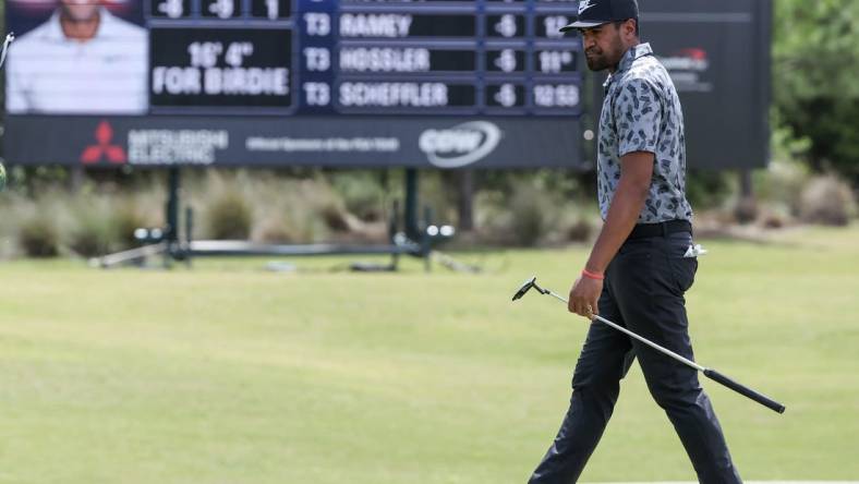 Mar 29, 2024; Houston, Texas, USA; Tony Finau (USA) walks the ninth green during the second round of the Texas Children's Houston Open golf tournament. Mandatory Credit: Thomas Shea-USA TODAY Sports