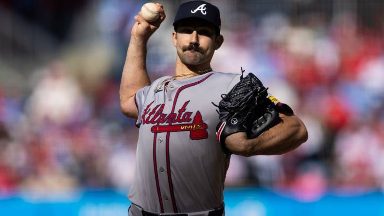 Mar 29, 2024; Philadelphia, Pennsylvania, USA; Atlanta Braves starting pitcher Spencer Strider (99) throws a pitch during the fourth inning against the Philadelphia Phillies at Citizens Bank Park. Mandatory Credit: Bill Streicher-USA TODAY Sports