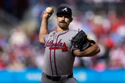 Mar 29, 2024; Philadelphia, Pennsylvania, USA; Atlanta Braves starting pitcher Spencer Strider (99) throws a pitch during the fourth inning against the Philadelphia Phillies at Citizens Bank Park. Mandatory Credit: Bill Streicher-USA TODAY Sports
