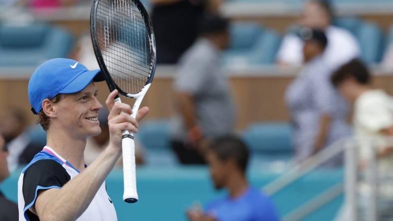 Mar 29, 2024; Miami Gardens, FL, USA; Jannik Sinner (ITA) waves to the fans after his match against Daniil Medvedev (not pictured) in a men's singles semifinal of the Miami Open at Hard Rock Stadium. Mandatory Credit: Geoff Burke-USA TODAY Sports