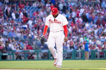 Mar 29, 2024; Philadelphia, Pennsylvania, USA; Philadelphia Phillies relief pitcher Jose Alvarado (46) walks back to the dugout after being relieved in the eighth inning against the Atlanta Braves at Citizens Bank Park. Mandatory Credit: Bill Streicher-USA TODAY Sports