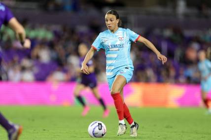 Mar 29, 2024; Orlando, Florida, USA; Chicago Red Stars forward Mallory Swanson (9) dribbles the ball during the second half against the Orlando Pride at Inter&Co Stadium. Mandatory Credit: Nathan Ray Seebeck-USA TODAY Sports