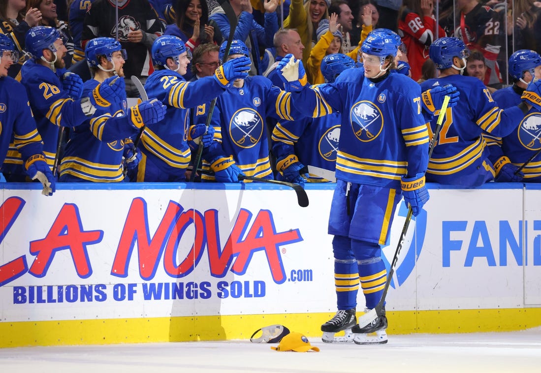 Mar 29, 2024; Buffalo, New York, USA;  Buffalo Sabres right wing Tage Thompson (72) celebrates his third goal of the game with teammates during the third period against the New Jersey Devils at KeyBank Center. Mandatory Credit: Timothy T. Ludwig-USA TODAY Sports