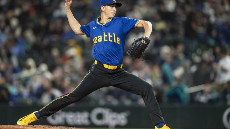 Mar 29, 2024; Seattle, Washington, USA; Seattle Mariners starter George Kirby (68) delivers a pitch during the sixth inning against the Boston Red Sox at T-Mobile Park. Mandatory Credit: Stephen Brashear-USA TODAY Sports