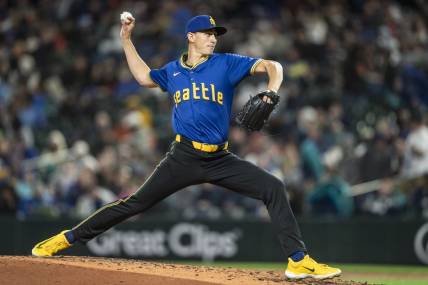Mar 29, 2024; Seattle, Washington, USA; Seattle Mariners starter George Kirby (68) delivers a pitch during the sixth inning against the Boston Red Sox at T-Mobile Park. Mandatory Credit: Stephen Brashear-USA TODAY Sports
